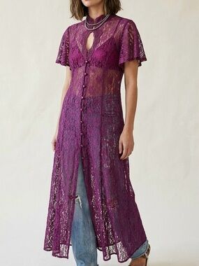 DAWN JOY Vintage Purple Floral Lace Duster Maxi Dress Keyhole Mock Neck 14P